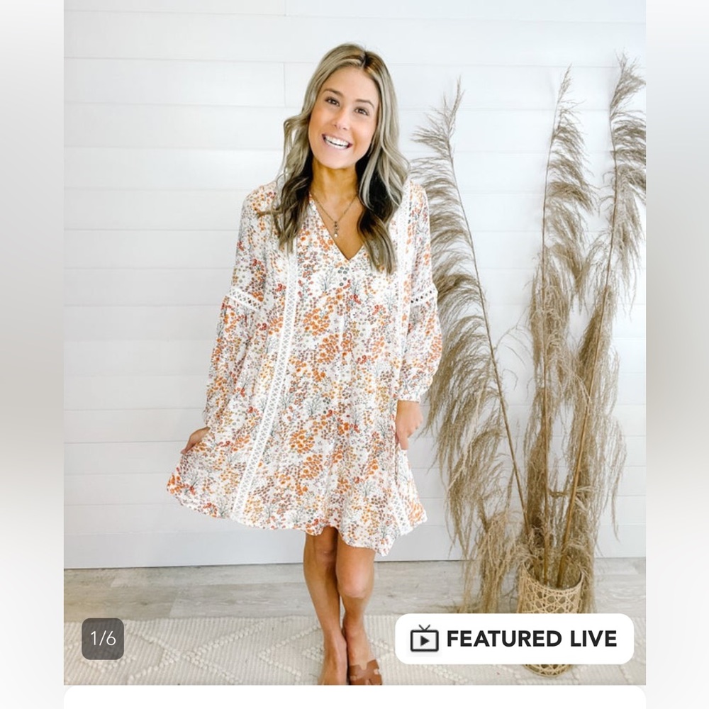 Apricot Floral Crochet Trim Shift Dress